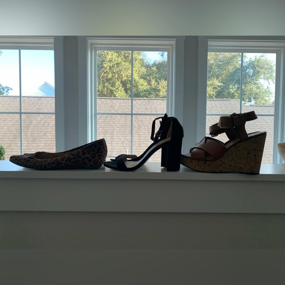 3 Pair Tahari cork wedges Steve Madden black heels Stuart Weitzman flats 6.5